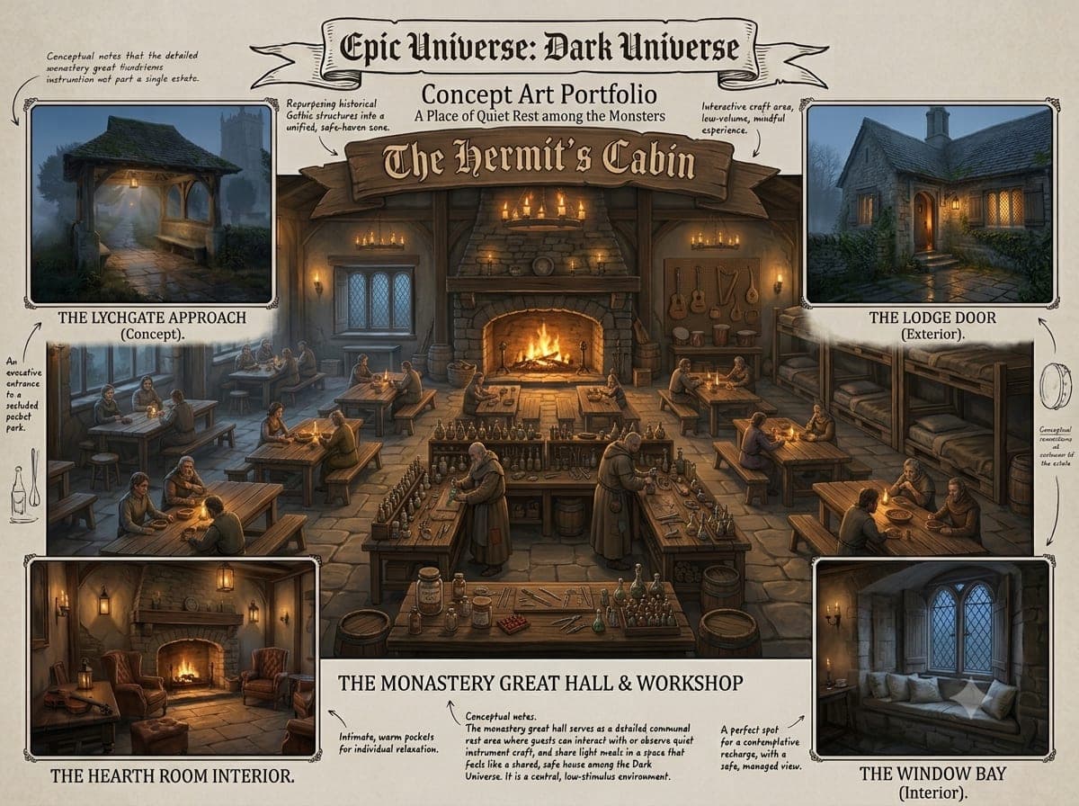 AI-generated concept art: Monastery Great Hall, annotated. The same board with working notes.