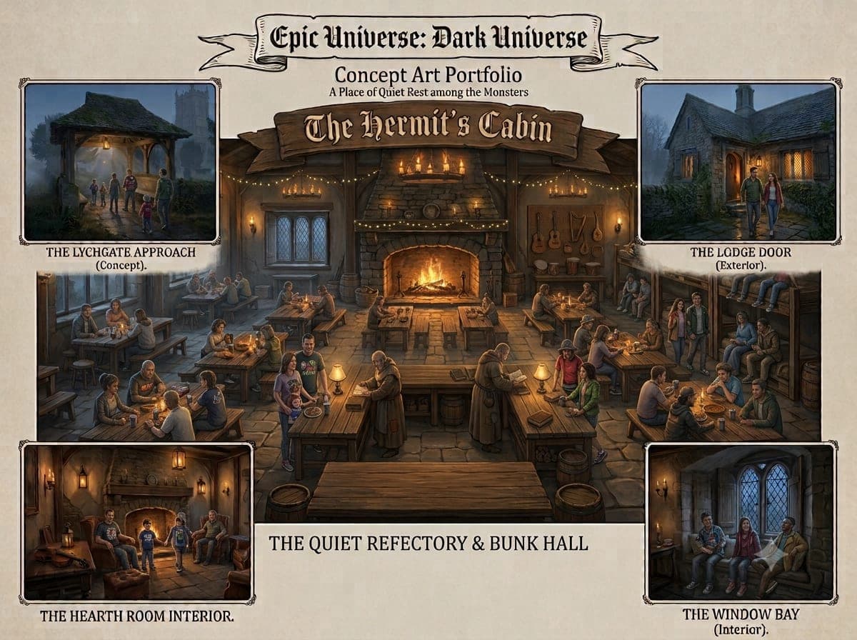 AI-generated concept art: Quiet Refectory, first pass. An earlier arrangement of the same four panels.