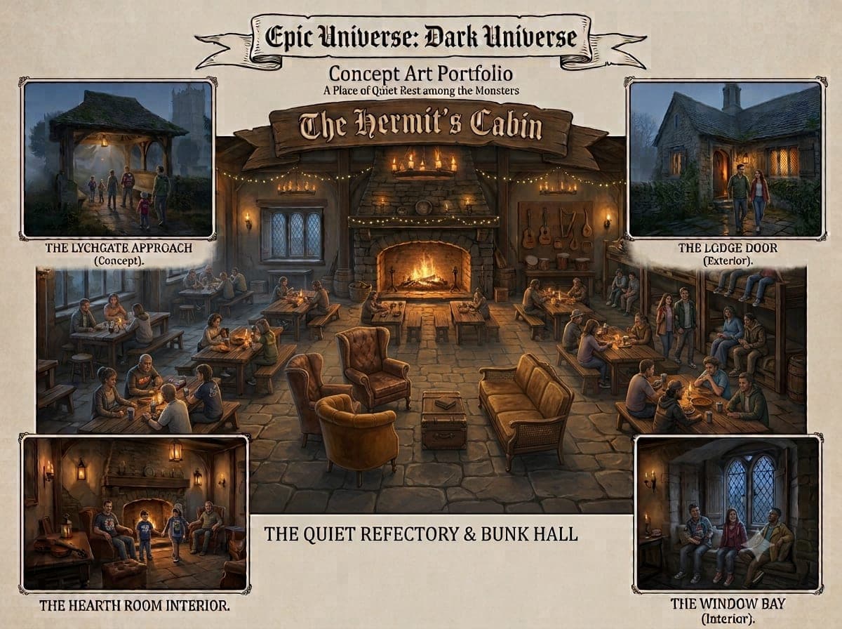 Concept art portfolio board showing the lychgate approach, lodge exterior, hearth room interior, and window bay of The Hermit's Cabin