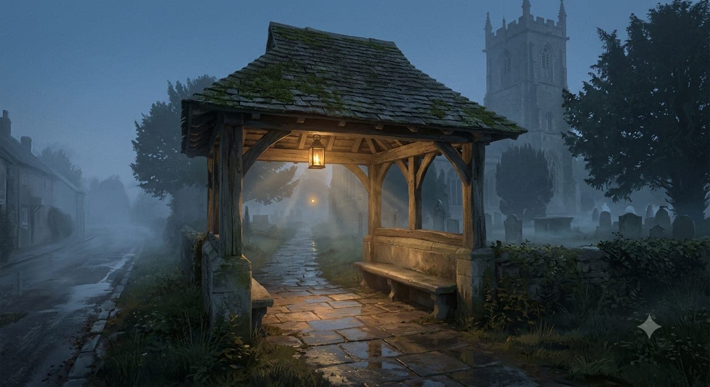 AI-generated concept art: Lychgate approach. The roofed timber gateway and stone bench at the edge of the churchyard.